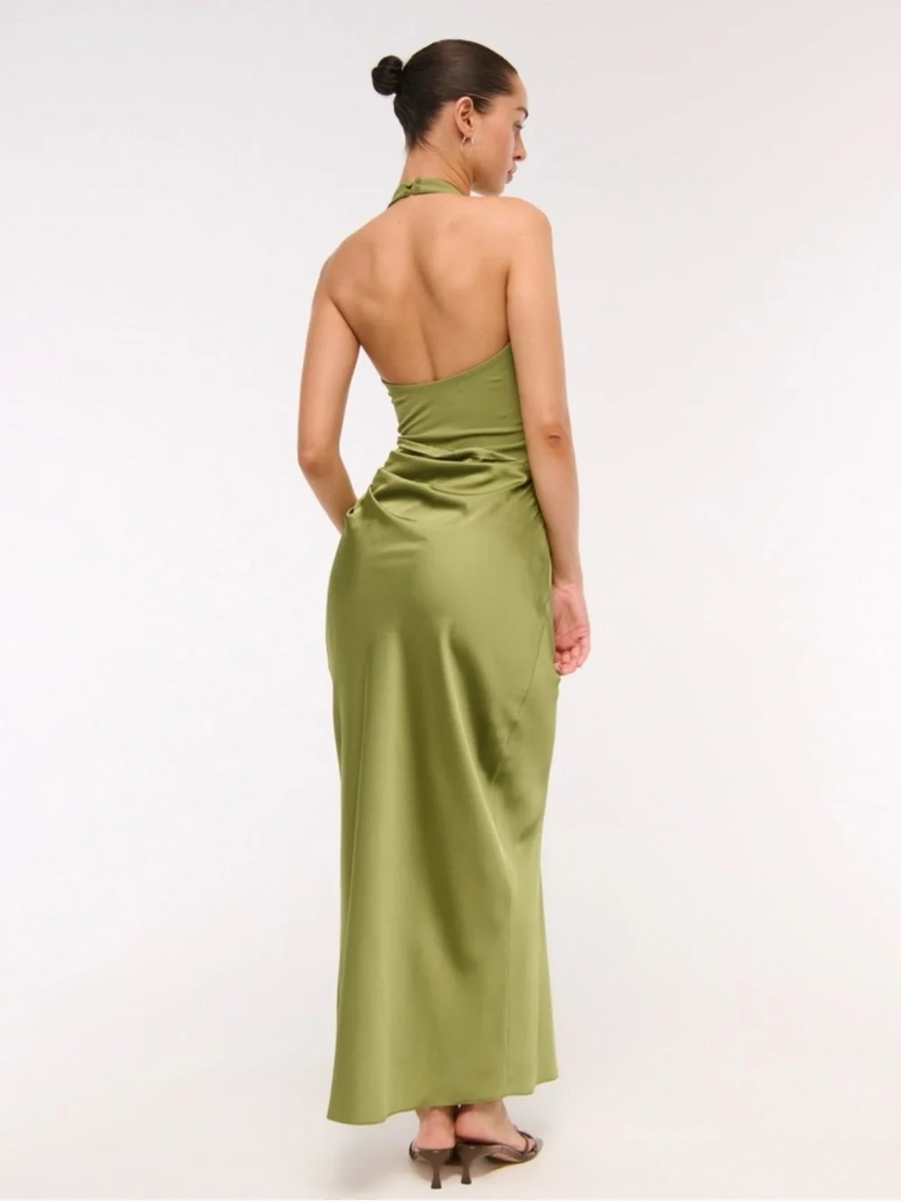Abercrombie & Fitch Olive Halter Mixed Fabric Maxi Dress with Side Slit